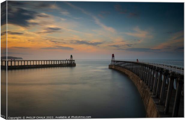 Whitby piers at sunset 785 Canvas Print by PHILIP CHALK