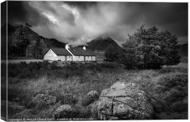 Black rock cottage Glencoe black and white 985 Canvas Print by PHILIP CHALK