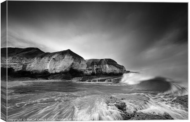 Thornwick bay moody black and white 1013 Canvas Print by PHILIP CHALK