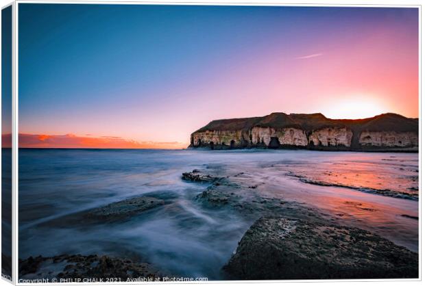 Sunrise at Thorwick bay Flamborough on the east co Canvas Print by PHILIP CHALK