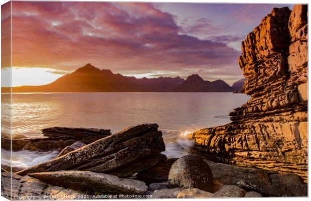 Elgol sunset at the golden hour  on the Isle of Sk Canvas Print by PHILIP CHALK