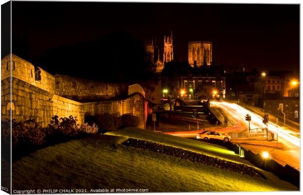 York Minster and bar walls by night. 214 Canvas Print by PHILIP CHALK