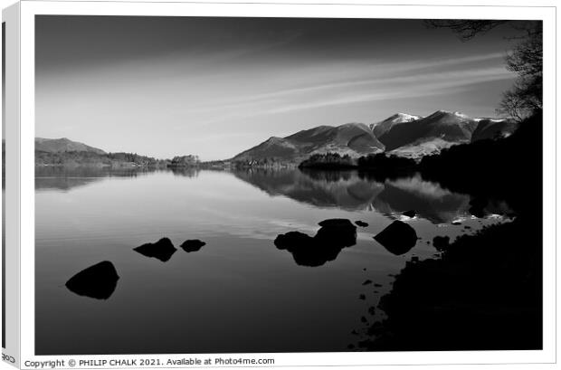 Derwent water looking towards Keswick  in monochrome (black and white)  Canvas Print by PHILIP CHALK