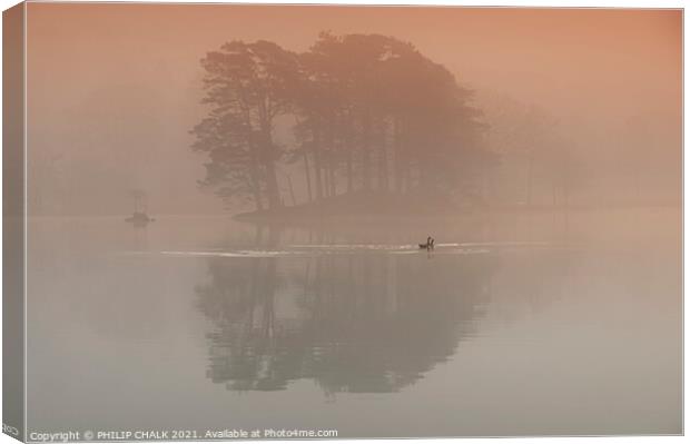 Geese on Coniston water in the mist 373  Canvas Print by PHILIP CHALK