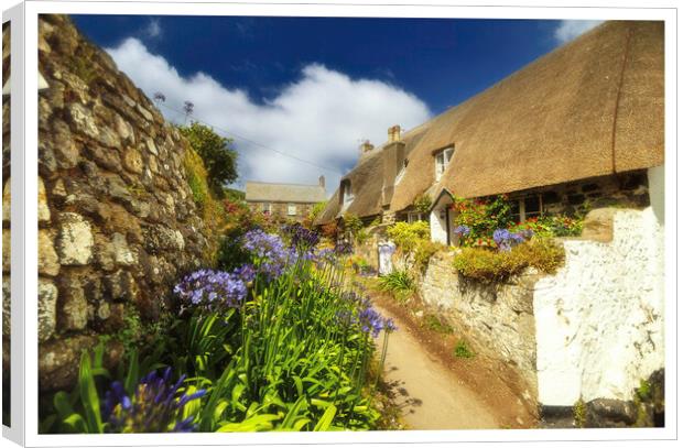 Thatched cottages in Cadgwith cove Cornwall lizard peninsula 436  Canvas Print by PHILIP CHALK