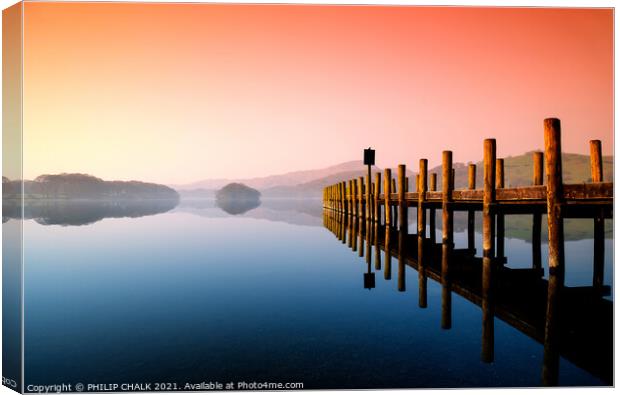 Coniston water Sunrise flat calm with a jetty   43 Canvas Print by PHILIP CHALK