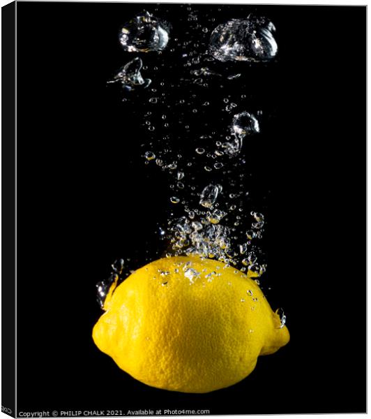 Lemon sinking in water and bubbles still life 440 Canvas Print by PHILIP CHALK