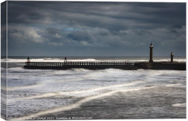 Rough tide at Whitby west  pier 467  Canvas Print by PHILIP CHALK