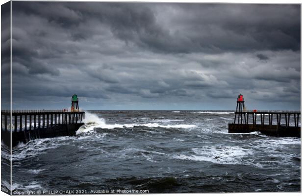 Twin Whitby piers on a stormy seas 474 Canvas Print by PHILIP CHALK