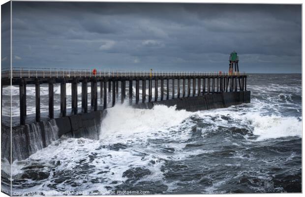 Whitby pier getting battered by a north easterly storm 482  Canvas Print by PHILIP CHALK