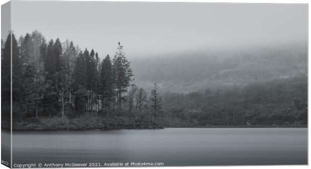 Misty Loch Ard in black and white  Canvas Print by Anthony McGeever
