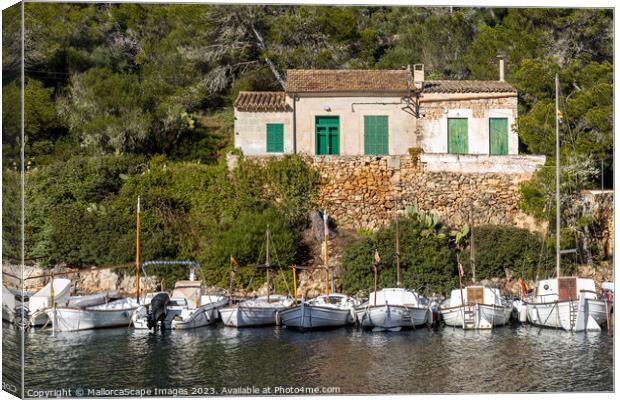 Old fisherman's house and boats in Cala Figuera Canvas Print by MallorcaScape Images