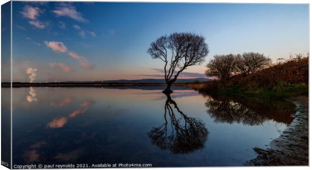 Kenfig Pool reflections  Canvas Print by paul reynolds