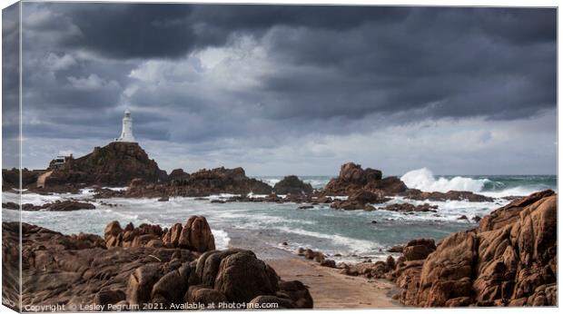 Corbiere Lighthouse Jersey in a Storm Canvas Print by Lesley Pegrum
