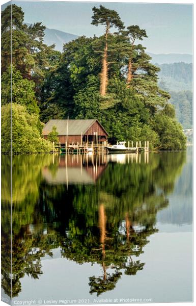 Boathouse at Derwentwater Keswick Canvas Print by Lesley Pegrum