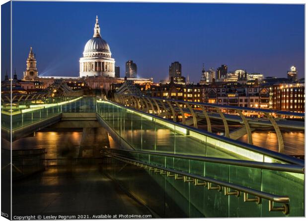 St Pauls Cathedral and Millennium Bridge Canvas Print by Lesley Pegrum