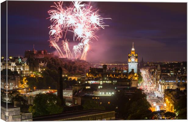 Edinburgh Cityscape with fireworks Canvas Print by Andrea Obzerova