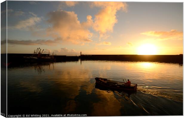 Going out in the morning light, small fishing boat at Newlyn. Canvas Print by Ed Whiting