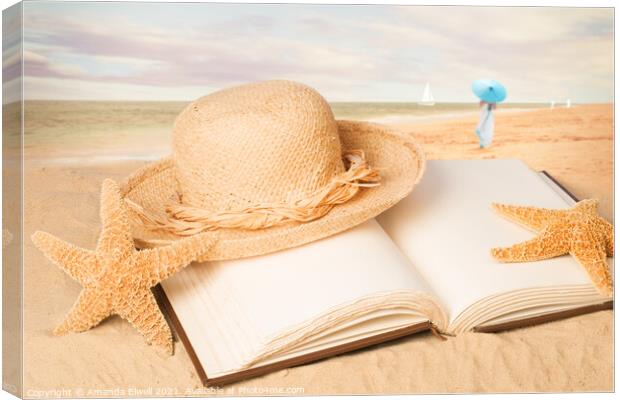 Straw Hat On Beach Book Canvas Print by Amanda Elwell