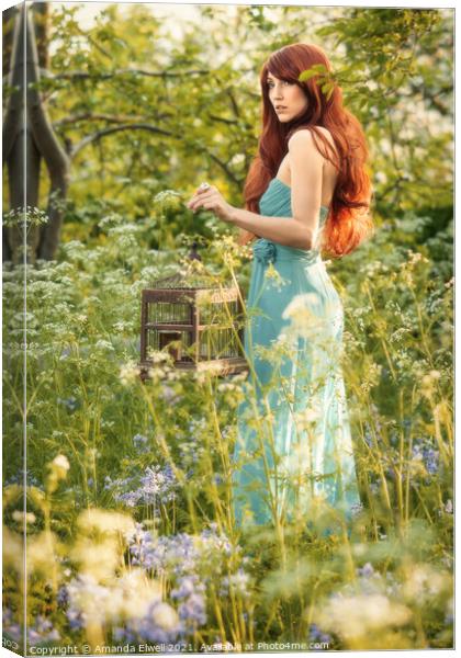 Woman With Bird Cage In Spring Blossom Canvas Print by Amanda Elwell