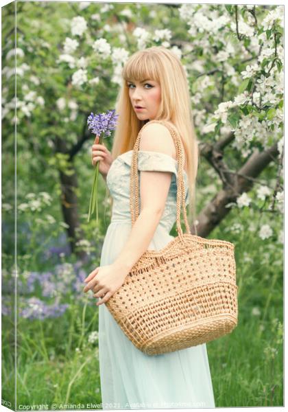 Woman With Basket In Spring Blossom Canvas Print by Amanda Elwell