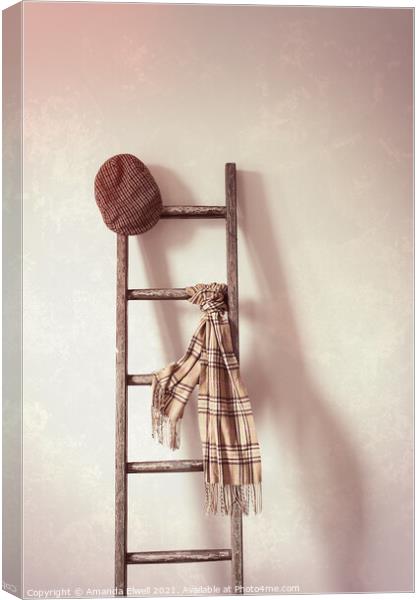 Flat Cap & Scarf On Rustic Ladder Canvas Print by Amanda Elwell