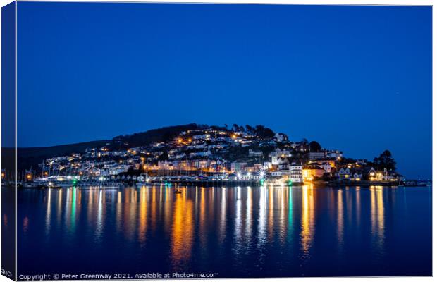 Lights On Houses In Kingswear, Dartmouth Harbour, Devon Canvas Print by Peter Greenway