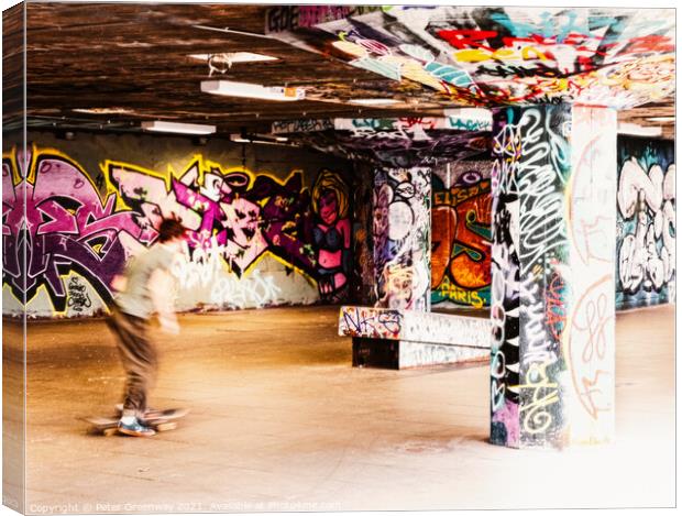 Skateboarding In London's Southbank Underpass Skateboard Park Canvas Print by Peter Greenway
