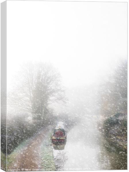 Canal Boat At Thrupp Amidst A Snow Flurry In Winter Canvas Print by Peter Greenway