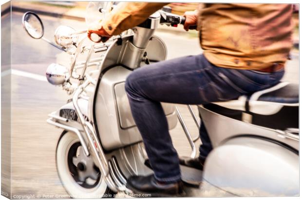 Man riding Silver Vespa Scooter Canvas Print by Peter Greenway