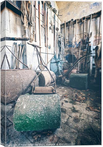 Vintage Hand Powered Lawn Rollers in Garden Shed Canvas Print by Peter Greenway