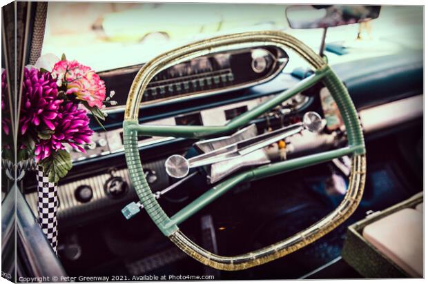 1950's Vintage American Car Steering Wheel With An Canvas Print by Peter Greenway