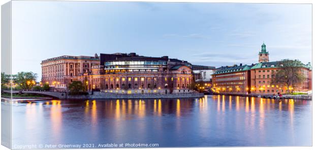 The Parliment Buildings At Sunset, Stockholm, Sweden Canvas Print by Peter Greenway