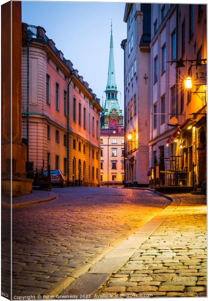 Deserted Streets In Gamla Stan, Stockholm At Dusk Canvas Print by Peter Greenway