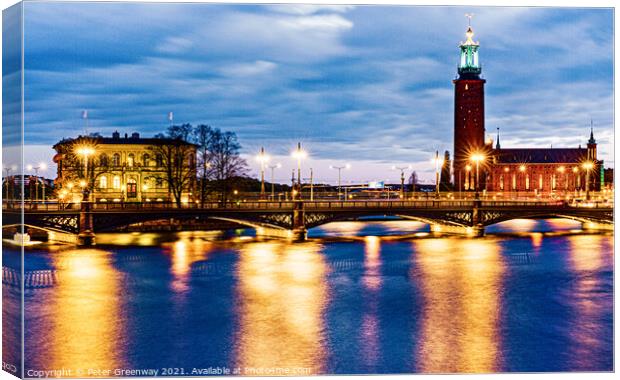 The Town Hall In Stockholm, Sweden At Night Canvas Print by Peter Greenway