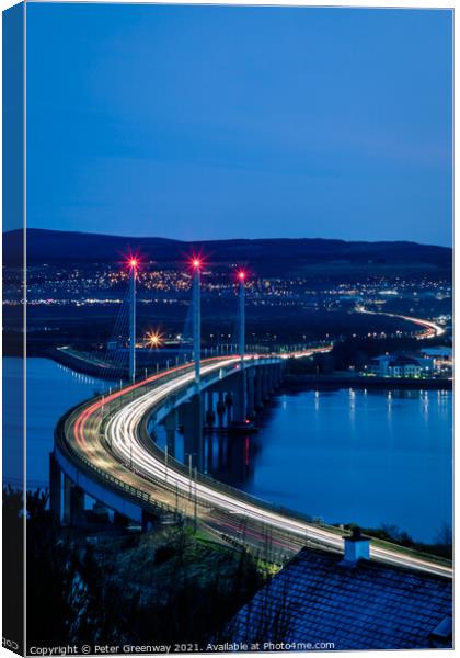 Traffic Light Trails Over Kessock Bridge In Inverness After Dark Canvas Print by Peter Greenway