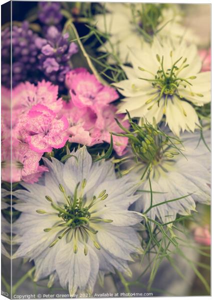 Floral Arrangement Featuring Love-In-A-Mist Flowers Canvas Print by Peter Greenway