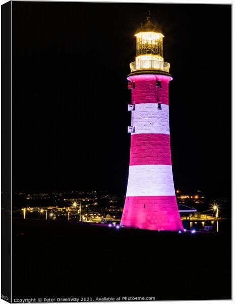 Smeaton's Tower Illuminated At Night On The Hoe, Plymouth Canvas Print by Peter Greenway