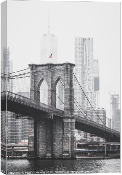 Brooklyn Bridge From New York Harbour Canvas Print by Peter Greenway