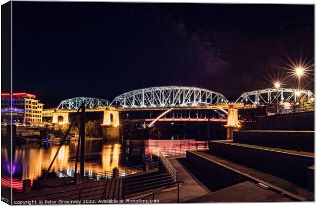 The John Seigenthaler Pedestrian Bridge In Nashville, Tennessee Illuminated At Night Canvas Print by Peter Greenway
