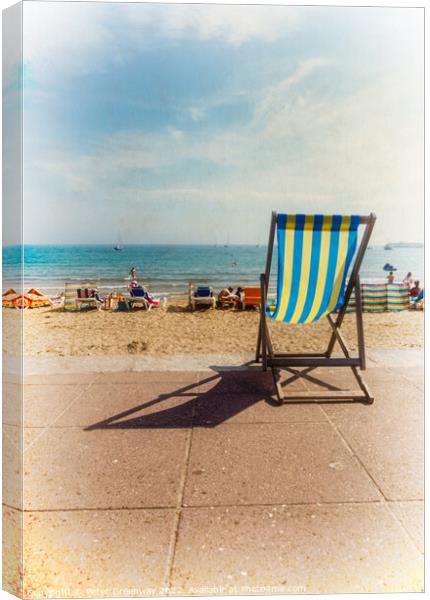 English Seaside Deckchairs On The Sandy Beach & Sea In Swanage Canvas Print by Peter Greenway