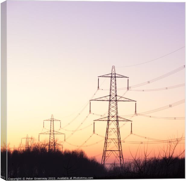 British Power Pylons On A Winters Evening Sunset Canvas Print by Peter Greenway
