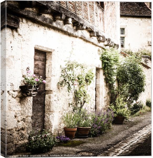 Pots Of Plants Outside A Residential Street In Medieval Issigeac Canvas Print by Peter Greenway