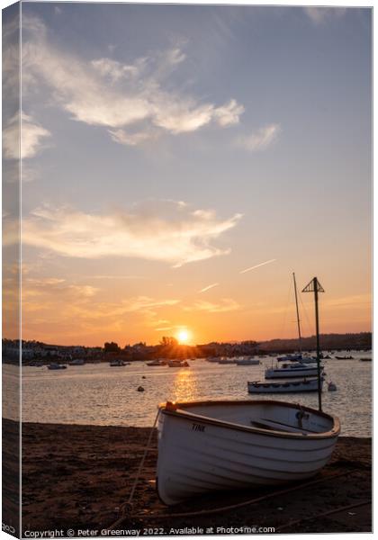 Rowing Gig Moored On Teignmouth's Back Beach At Sunset Canvas Print by Peter Greenway