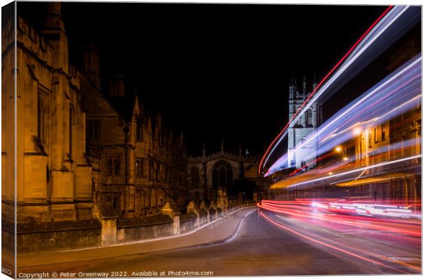 Traffic Light Trails Past Oxford University Buildings Along High Canvas Print by Peter Greenway