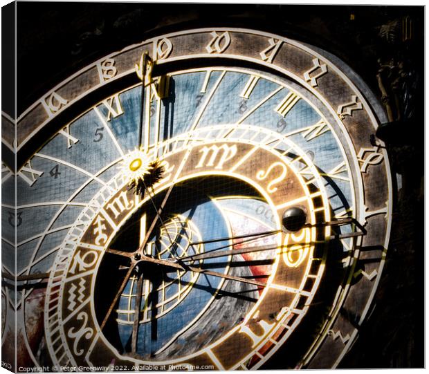 Mechanical Astronomical Clock In The Old Town Of Prague Canvas Print by Peter Greenway