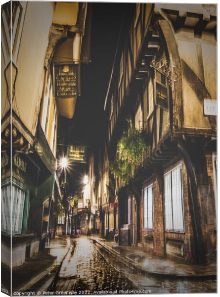 Side Street Around 'The Shambles' In York At Night Canvas Print by Peter Greenway