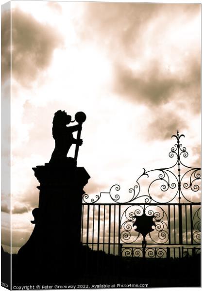 Wraught Iron Garden Gates With A Lion On A Column Canvas Print by Peter Greenway