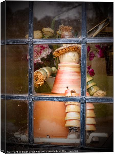 Flowerpot Man In A Window Of A Cottage At Arlington Row, Bibury Canvas Print by Peter Greenway
