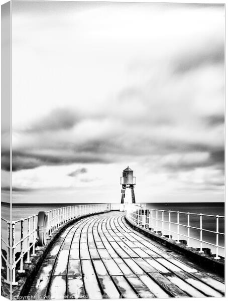 The Green Shipping Light House At The End Of The Pier At Whitby  Canvas Print by Peter Greenway